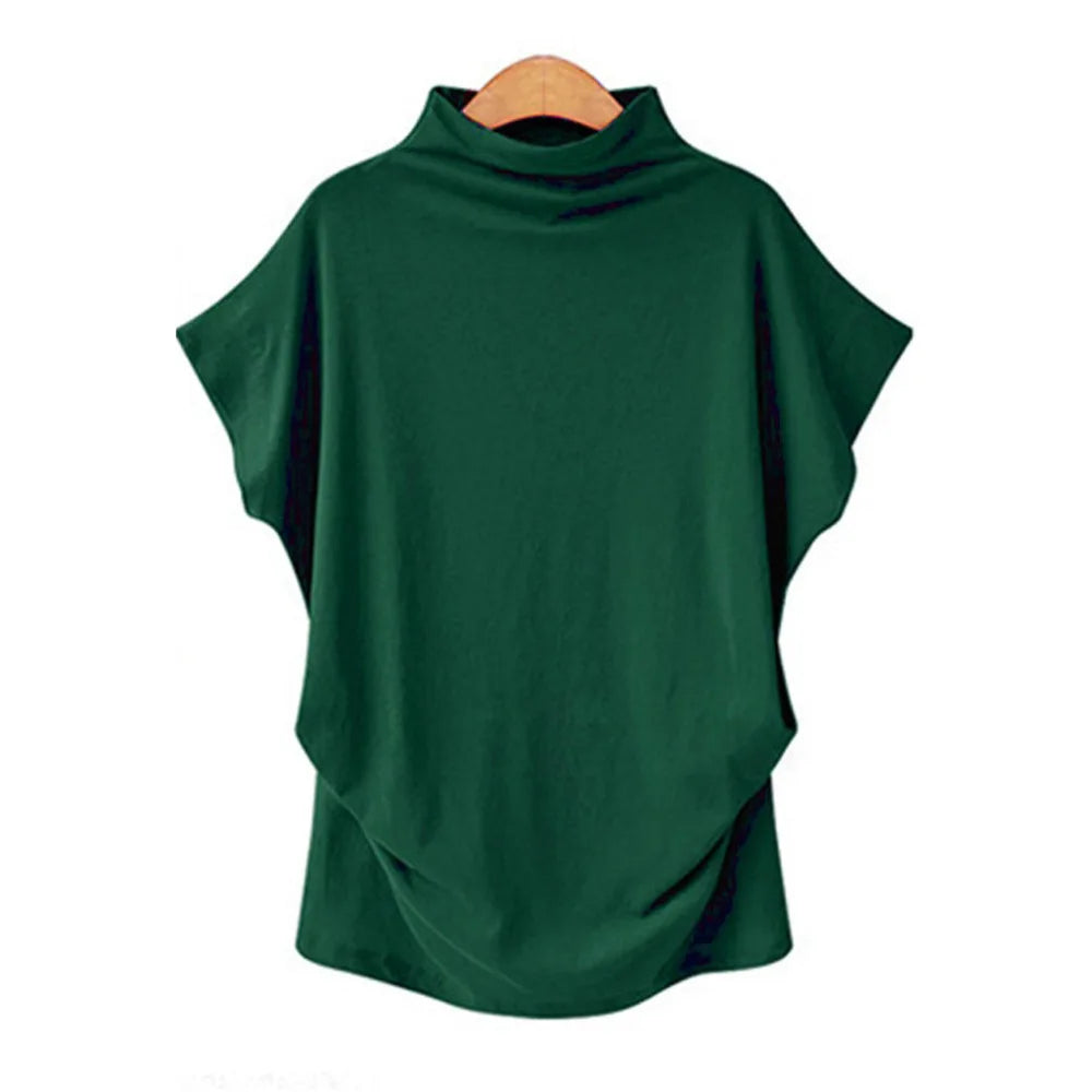 Women's Retro Solid Color T-Shirt Summer Turtleneck Short Sleeve Tees Fashion Loose Streetwear Female Pleated Top