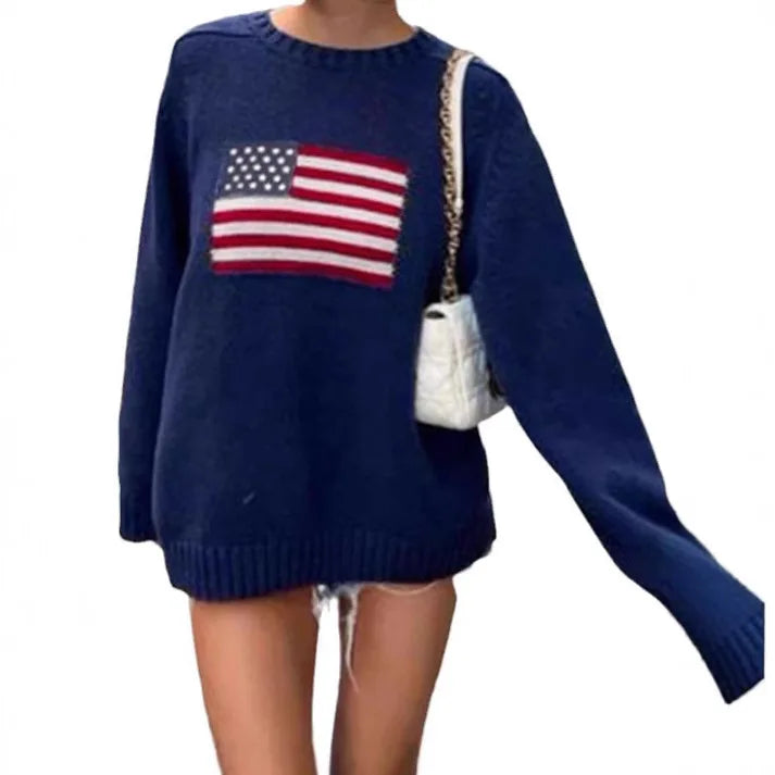 Retro National Flag Long Sleeve Crew Neck Knitted Sweater Autumn Winter Women's High-End Feeling Top Loose Fit Single Piece