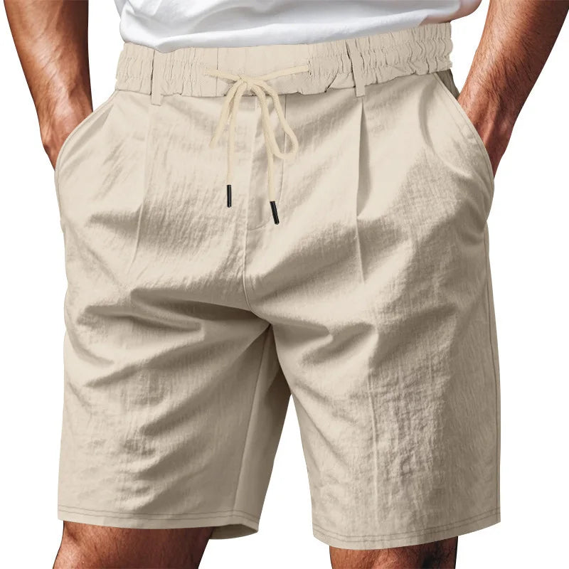 Men's Linen Feel Shorts Pleated Front Drawstring Waist Casual Summer Beach Pants Lightweight Vacation Bottoms with Belt Loops