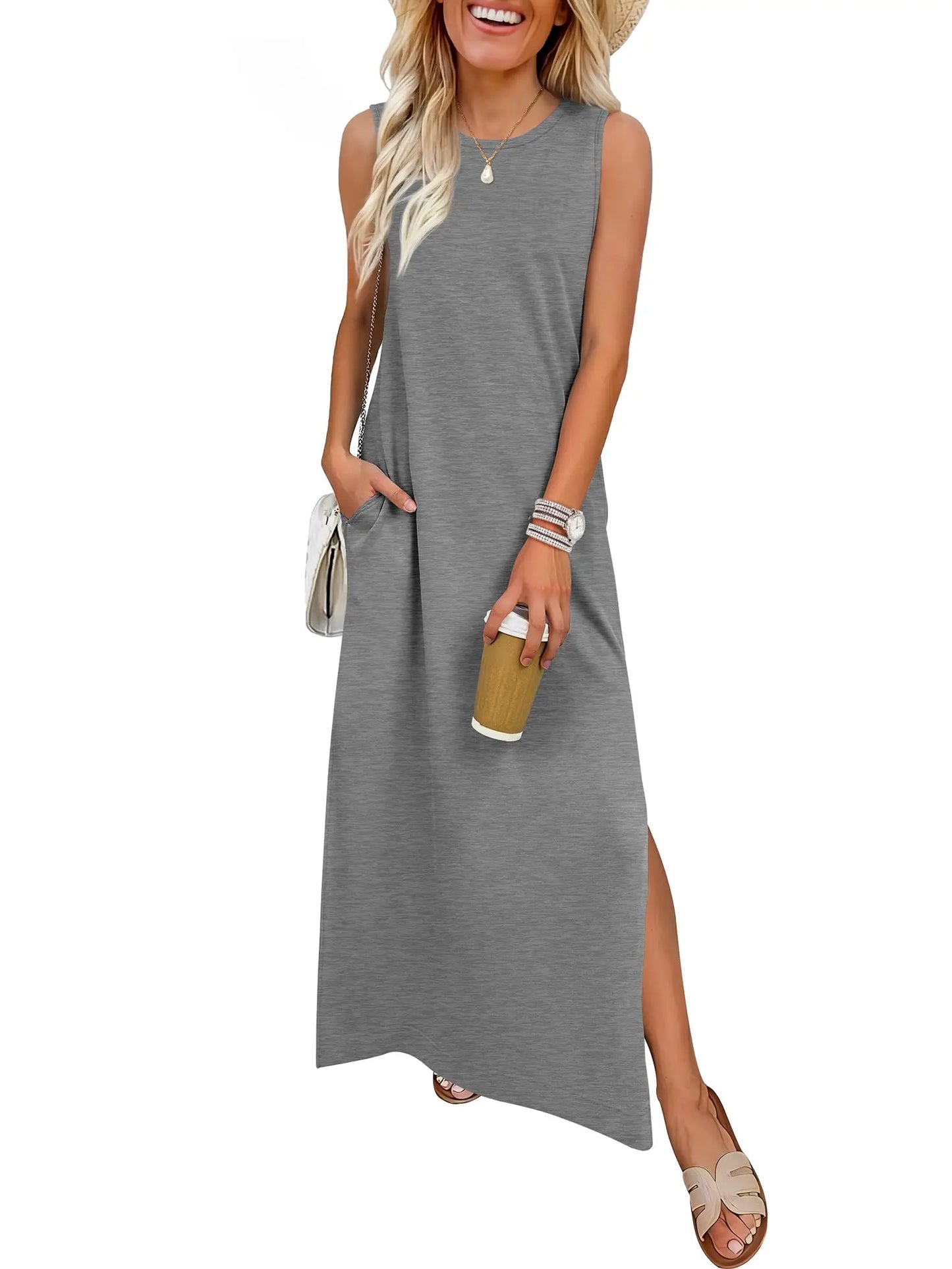 Women Summer Sleeveless Maxi Sundress With Pockets Casual Beach Vacation Dress