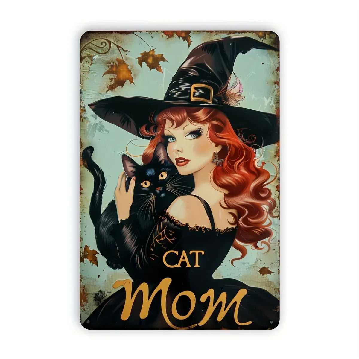 "Witch Cat Mom Playful 2D Tin Poster – Flat Plate Decorative Sign for Outdoor Whimsy"