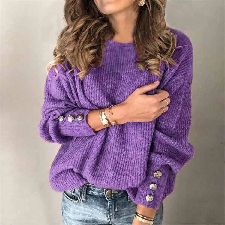 Women's Long Sleeve round Neck Button Sweater Top T-shirt Clean Fit City Walk Linen Blend Princess Sleeve