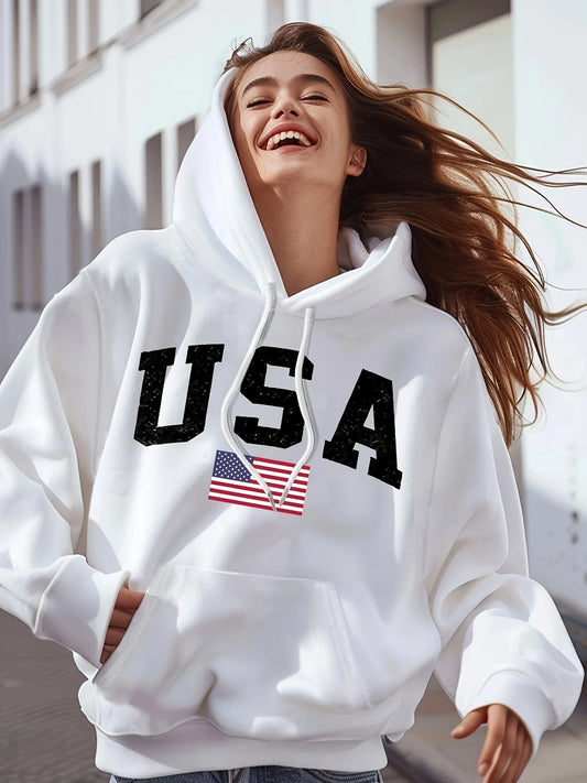 Women's USA Flag Print Hoodie Casual Long Sleeve Hooded Pullover for Spring, Fall/Winter with Bold Lettering and American Flag Design
