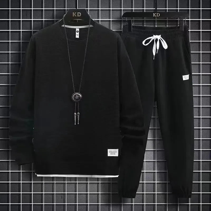 Men's Casual Sportswear Long Sleeve T-Shirt And Pants Set Spring, Autumn/Winter Cotton Plaid Fashionable Youth Outfit Long Pants