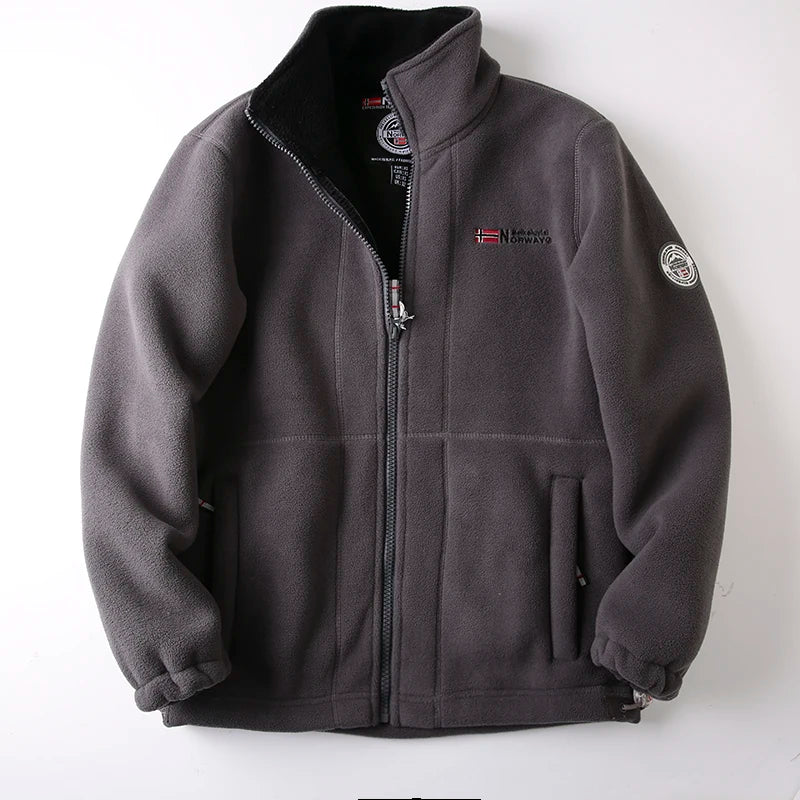 Men's Thinned Face Jacket Autumn Winter Double-sided Lamb Fur Hooded Coat Outdoor Windproof Zipper Closure