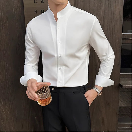 Stand-Up Collar Shirt Luxury Solid Color Long Sleeve Slim Fit Elastic Casual Social Party Shirts Tuxedo 4XL-M