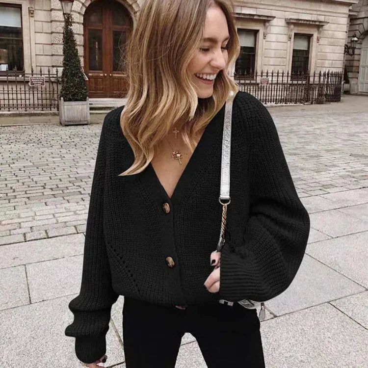 2026 Autumn/Winter New Women's Cardigan, Pure Color V-Neck, Bell Sleeve, Button Knit Cardigan