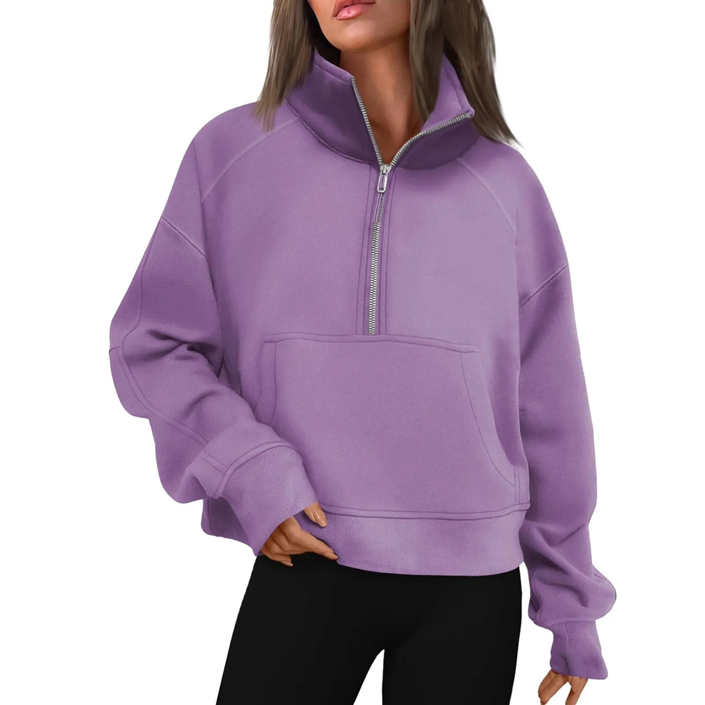 New Women's Hoodies Autumn Winter Stand Collar Plus Fleece Solid Color Sweatshirts Long Sleeve Pocket Loose Half Zip Pullover