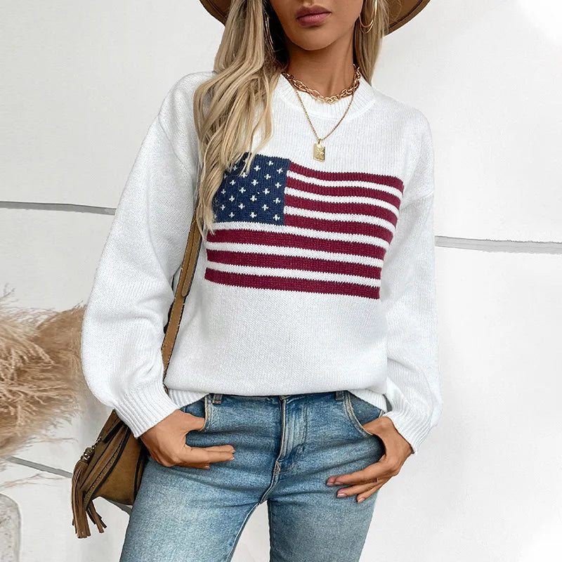 Women's sweater 2024 autumn and winter new American flag pullover crew neck cross-border knitted sweater women's clothing