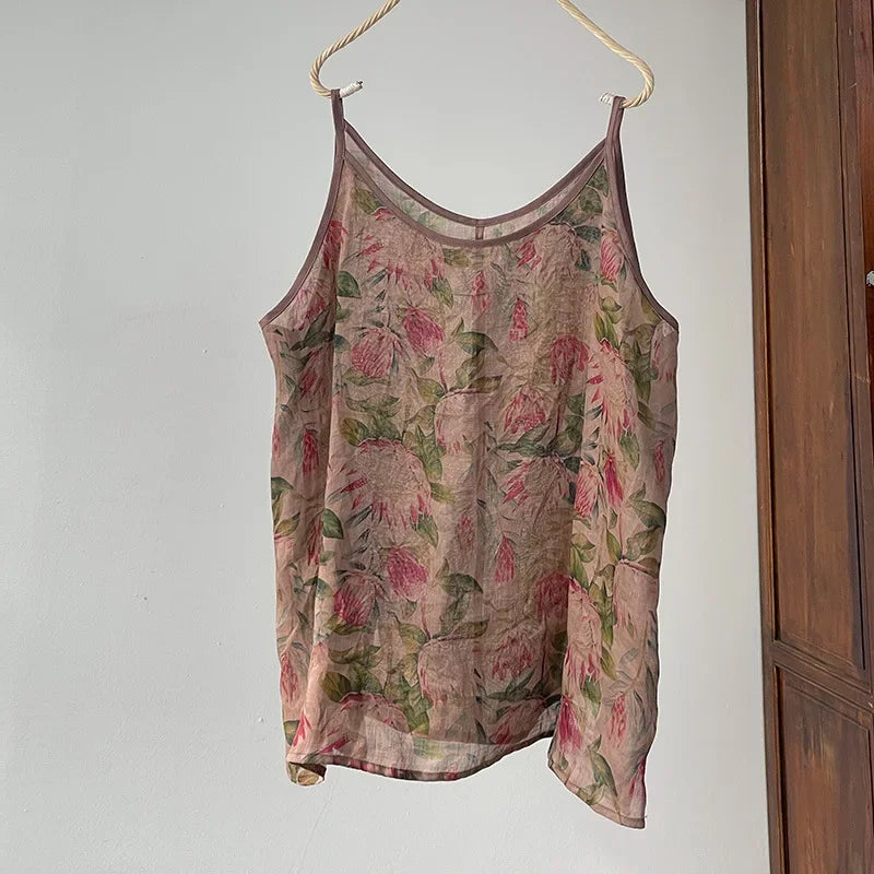 Women's Camisole Tank Tops Printed Ramie Sleeveless Shirt 2026 New Sweet Casual Spaghetti Straps Vest V-neck