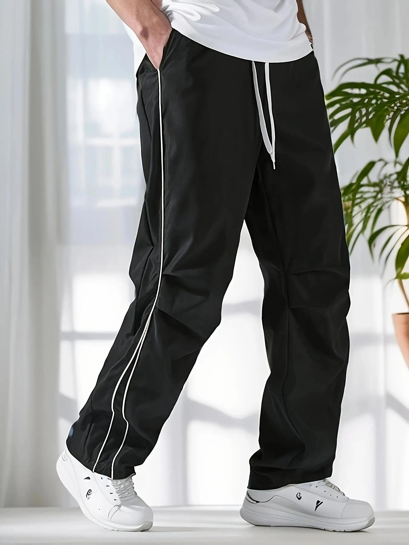 Men's Regular Plain Sports Straight Pants with Drawstrings and Elastic Waistband, Reflective Webbing Design, Suitable for Daily Leisure, Street Basketball, Fitness, Multi-Scenario Matchinging, Suitable for All Seasons