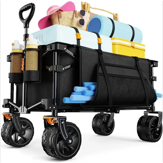 Collapsible Wagon Cart Heavy Duty Foldable, Folding Beach Wagon with Big Wheels for Sand, Utility Grocery Cart with Side Pocket