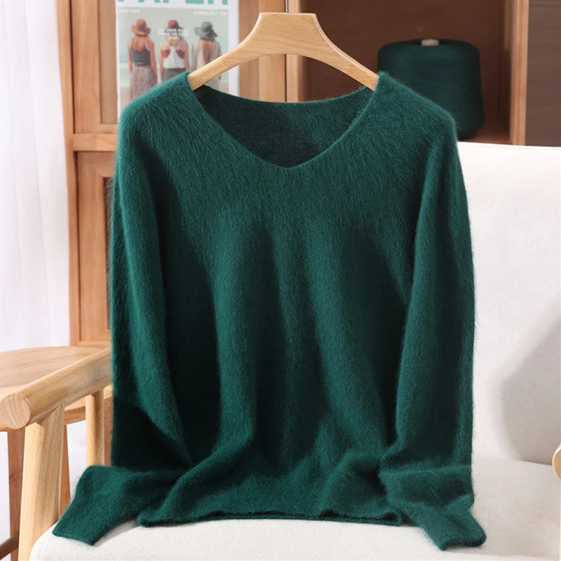 Fall/Winter Fashion Mink Cashmere Women's V-neck Pullover Bottom Shirt Slim Knitted Sweater Short Plus Size