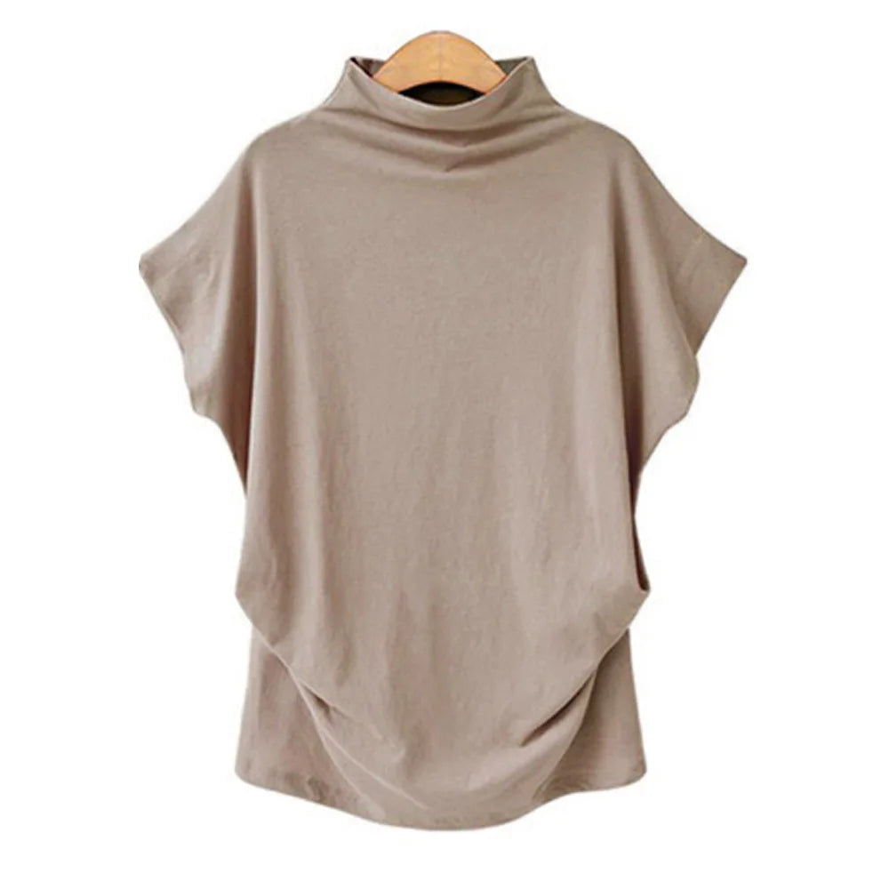 Women's Retro Solid Color T-Shirt Summer Turtleneck Short Sleeve Tees Fashion Loose Streetwear Female Pleated Top