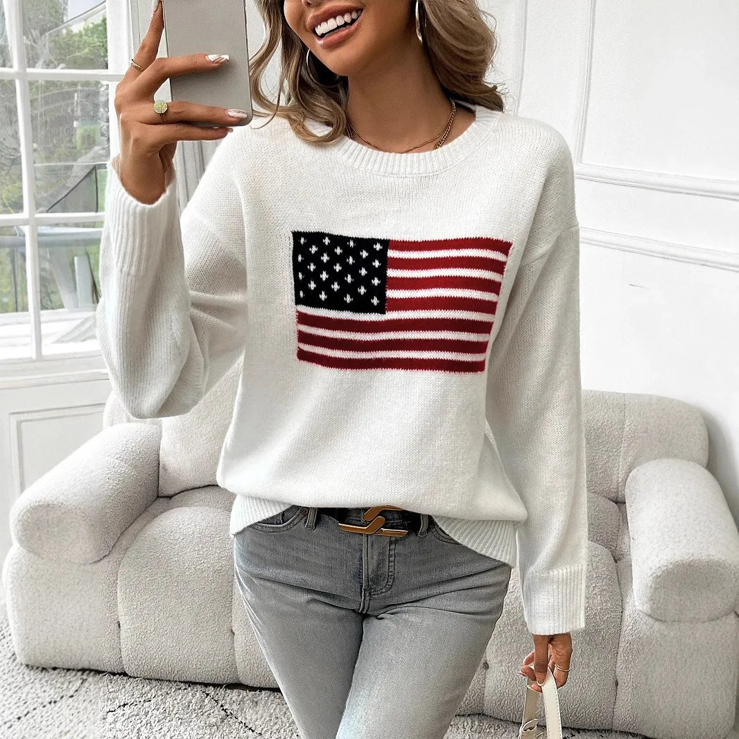 Fashionable Knitted Sweater round neck Loose Fit Easter Independence Day Theme Women's Spring Autumn Winter New Arrival Cotton Blend