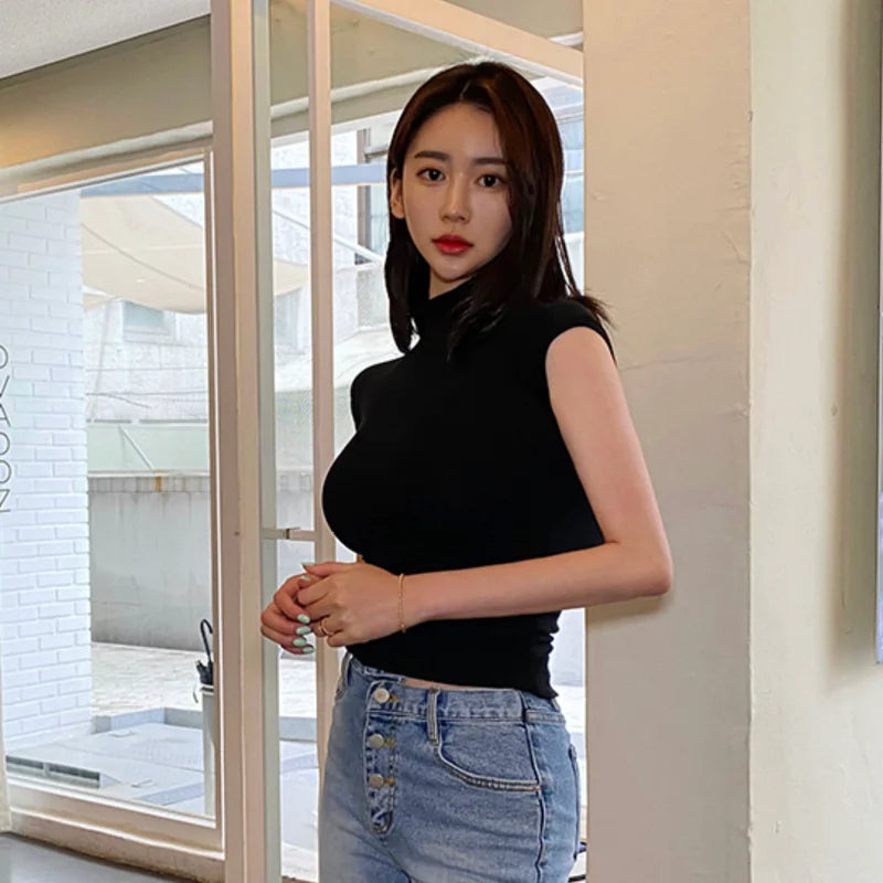 Summer New Sle Dongda Gate High Collar Slim Fit Retro Bodycon Vest T-irt Cotton Fabric No Sve Regular Length Women's Top