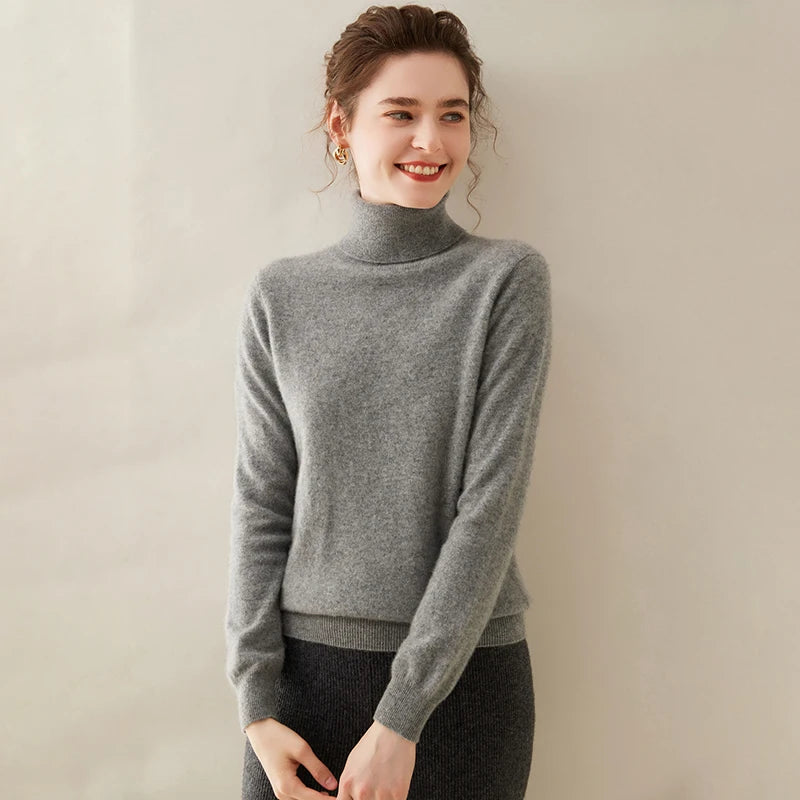Cashmere Sweater Women's Turtleneck Long Sleeved Knitted Pullover 100% Pure Cashmere Base Sweater Korean Version Women's Top