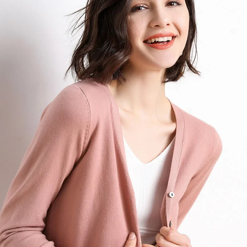 2026 Women Cardigans Long Sleeve Knitted Outerwear Solid Thin Spring / Autumn Sweaters V-neck Knitwear Cardigans