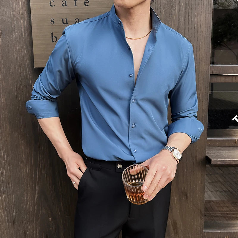 Stand-Up Collar Shirt Luxury Solid Color Long Sleeve Slim Fit Elastic Casual Social Party Shirts Tuxedo 4XL-M