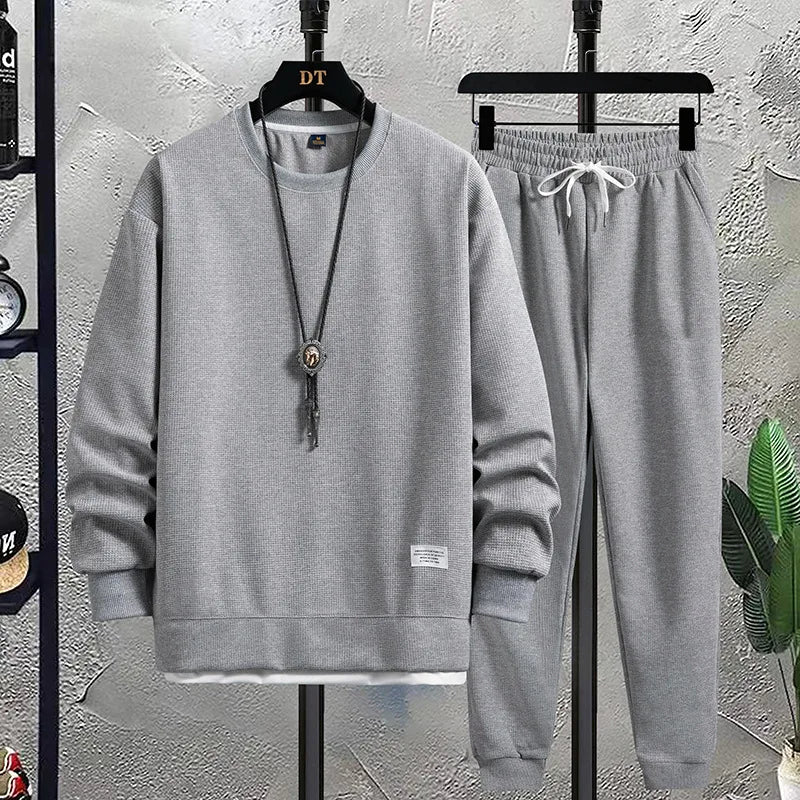 2026 Spring and Autumn New Men's Fashion Brand Round Neck Waffle Set Casual and Handsome Sports Two Piece Set