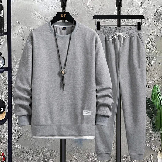 2026 Spring and Autumn New Men's Fashion Brand Round Neck Waffle Set Casual and Handsome Sports Two Piece Set