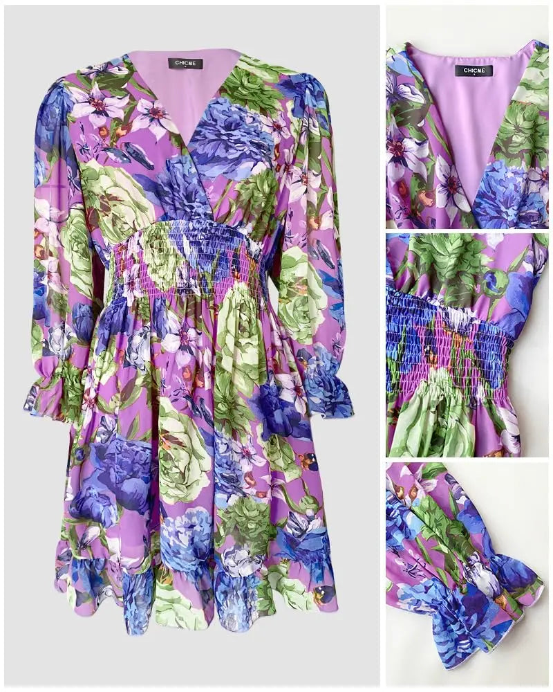 Women Floral Wrap Dress V-Neck High Waist Short Layered Summer Casual Beach Guest Dress