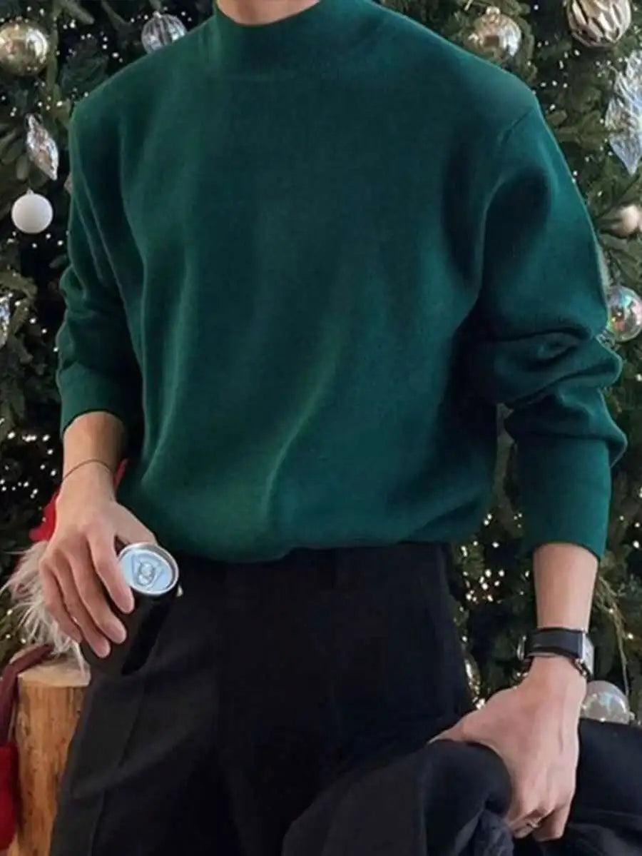 Men's Black Loose Fit Long Sleeve Turtleneck Sweater for Autumn Winter