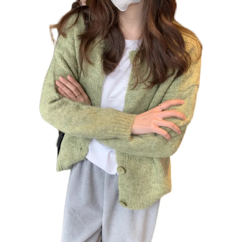 Avocado green Knitted Cardigan Sweater Women's long sleeve Vintage Outerwear Gentle Top V-neck Long Sleeve Regular Fit