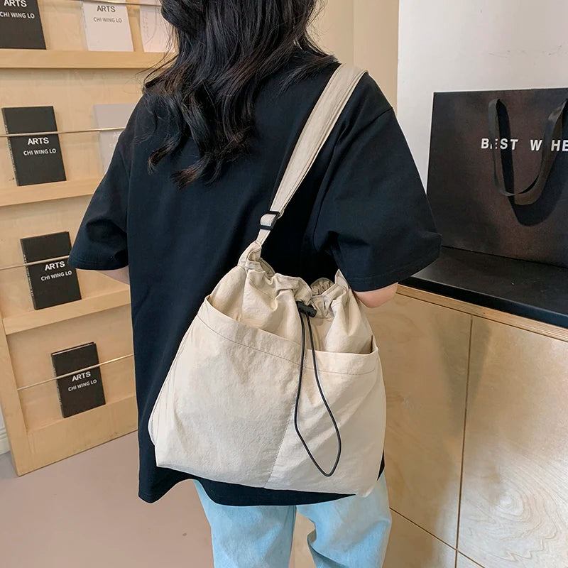 Female Nylon Shoulder Bag Large Capacity Stylish Crossbody Bag Wear Resist Drawstring Shoulder Bag Travel Shopping Commute Bag