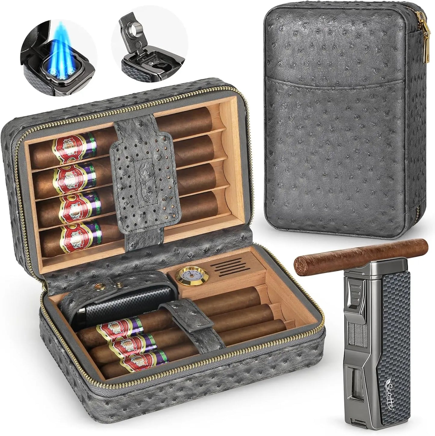 Portable Travel Cigar Humidor,Cedar Wood Lined Leather Case Built in Hygrometer & Humidifier,Cigar Lighter with Holder Punch