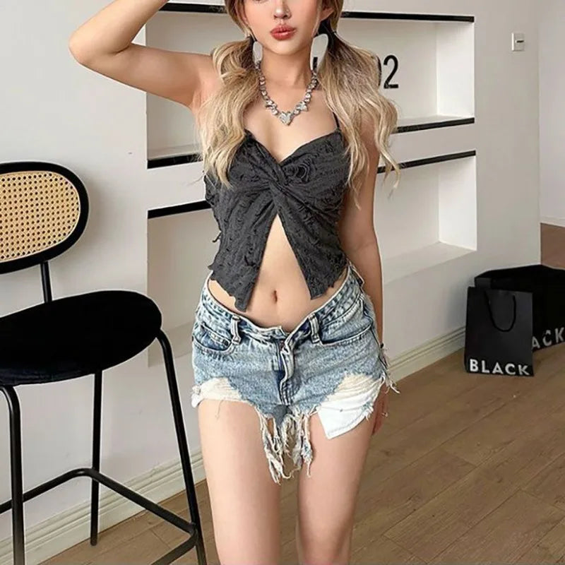 Sweet Spicy Girl Style Halter Top Backless V-neck Corset Crop Top Grey Pink Cami Women Summer Y2K Clothes New in 2026