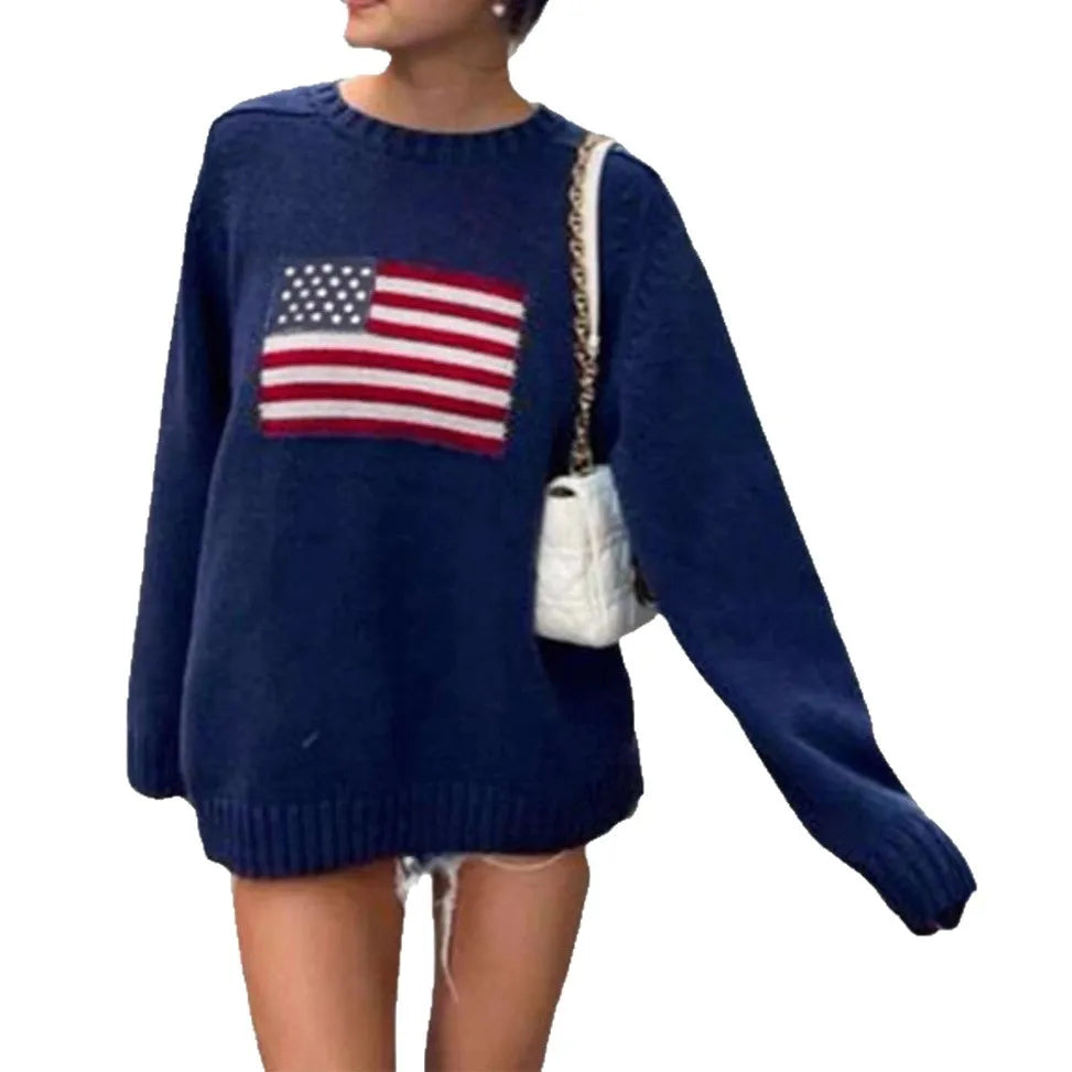 Fashionable Knitted Sweater round neck Loose Fit Easter Independence Day Theme Women's Spring Autumn Winter New Arrival Cotton Blend