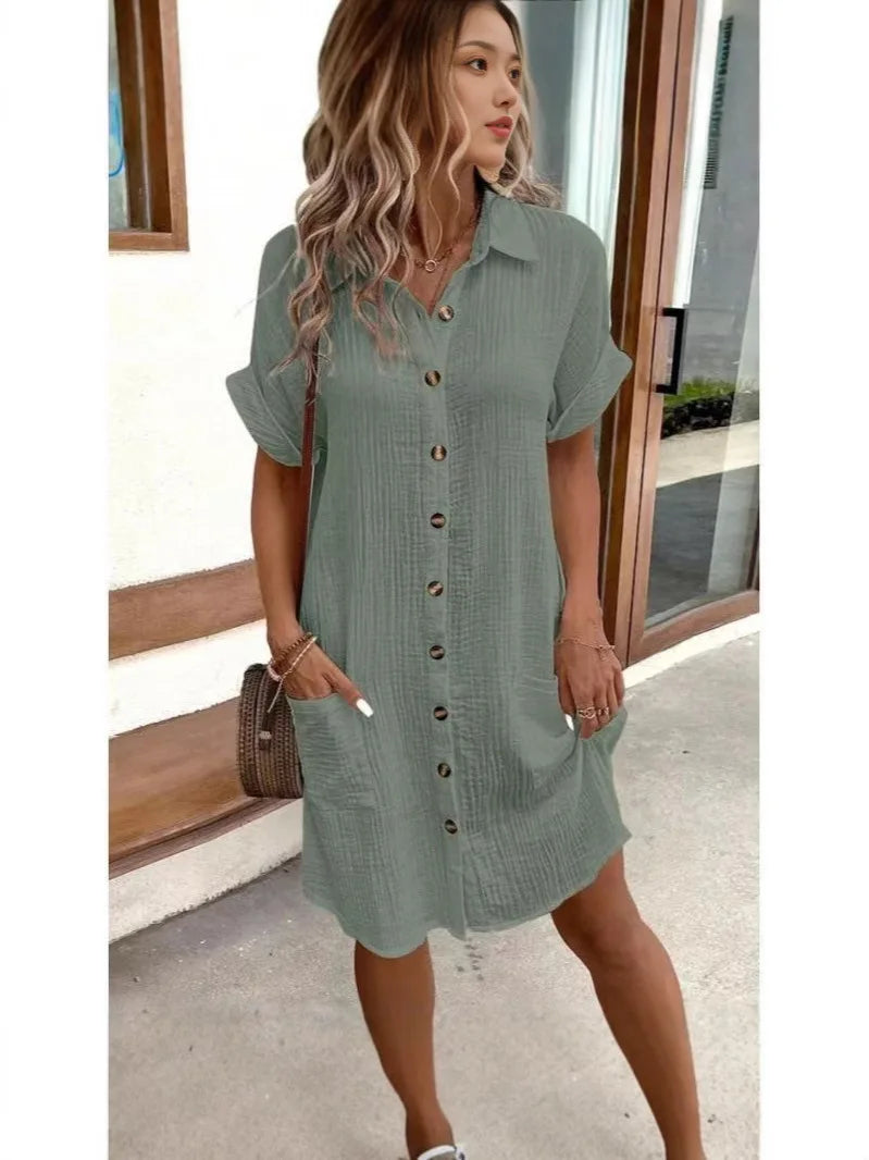 Fashion Casual Cotton Linen Style Dress Woman Short Sleeved Loose Dresses for Women Harajuku Long Shirts