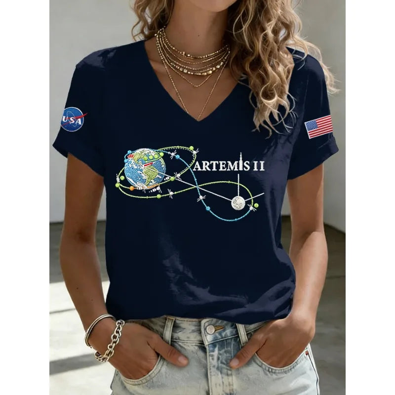 2026 New Arrival Women's Artemis II Print T-Shirts Summer Short Sleeve Loose V Neck Tops Casual Tees