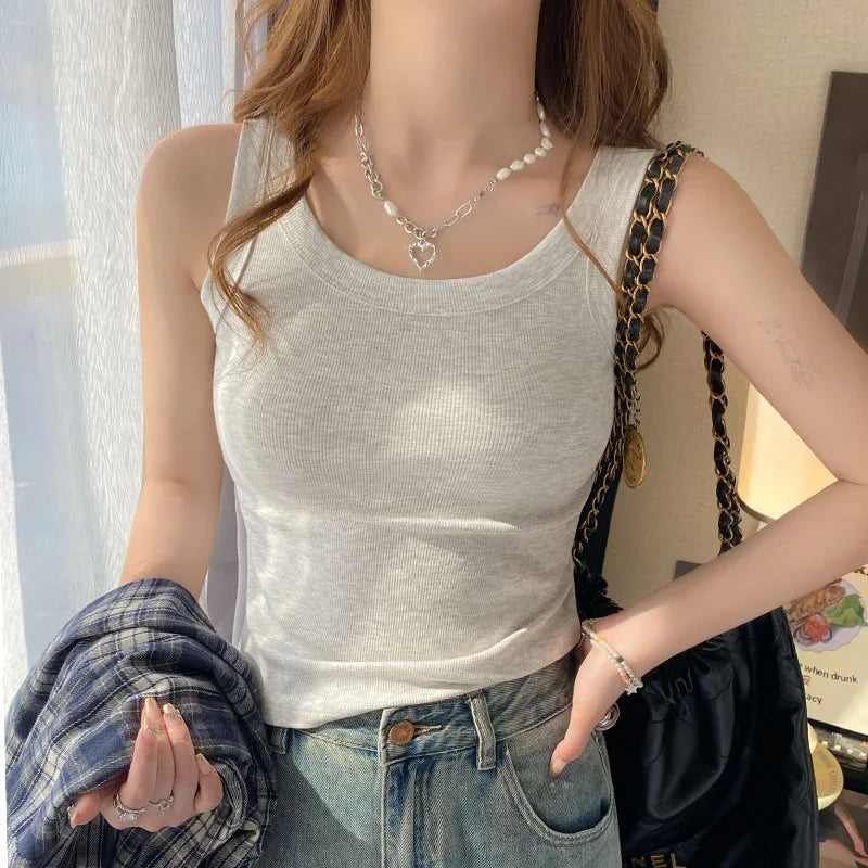 zjaiss Women Solid Round Neck Ribbed Tank Top Camisole Women Summer Basic Elastic Tank Top O Neck Solid Tank Top 2026