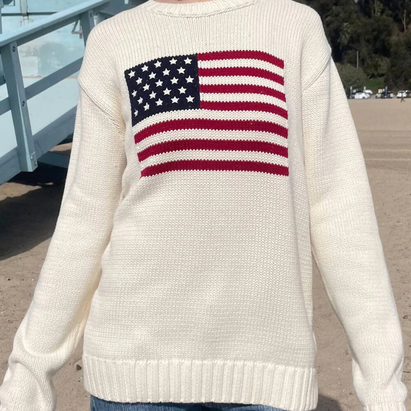 Women's Loose Fit Sweaters, Spring, Fall,  Winter Casual Stars Stripe Flag Print Round Neck Long Sleeve Pullovers Knitted Jumpers