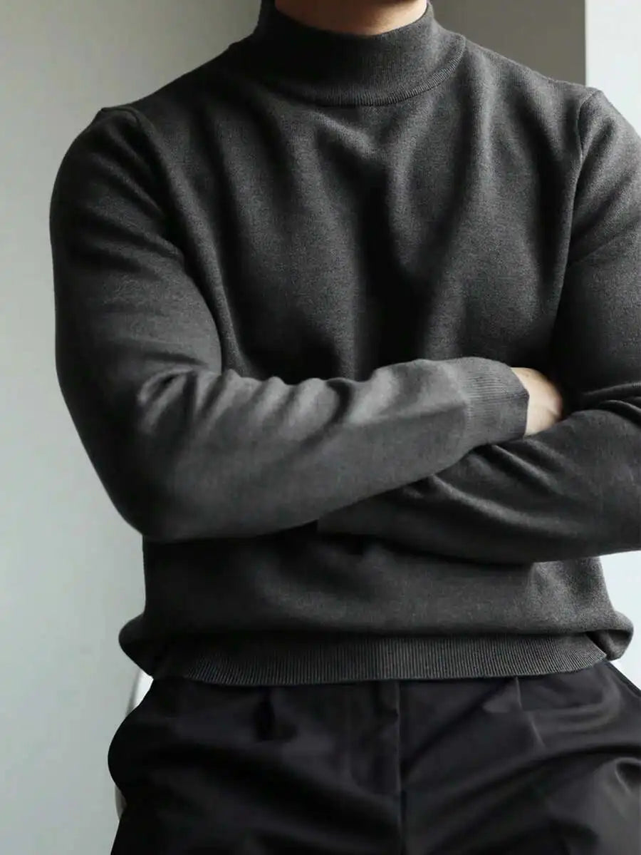 Men's Black Loose Fit Long Sleeve Turtleneck Sweater for Autumn Winter