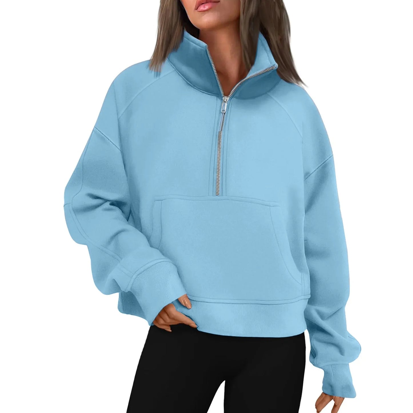 New Women's Hoodies Autumn Winter Stand Collar Plus Fleece Solid Color Sweatshirts Long Sleeve Pocket Loose Half Zip Pullover