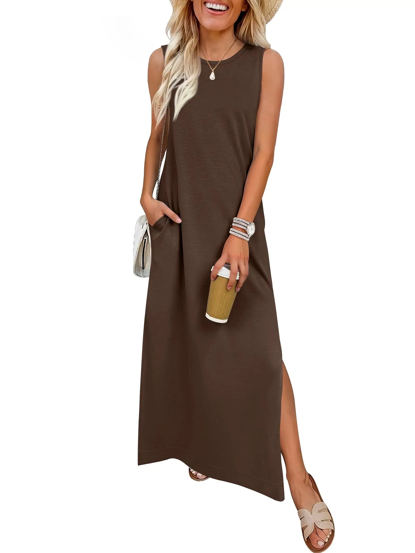 Women Summer Sleeveless Maxi Sundress With Pockets Casual Beach Vacation Dress