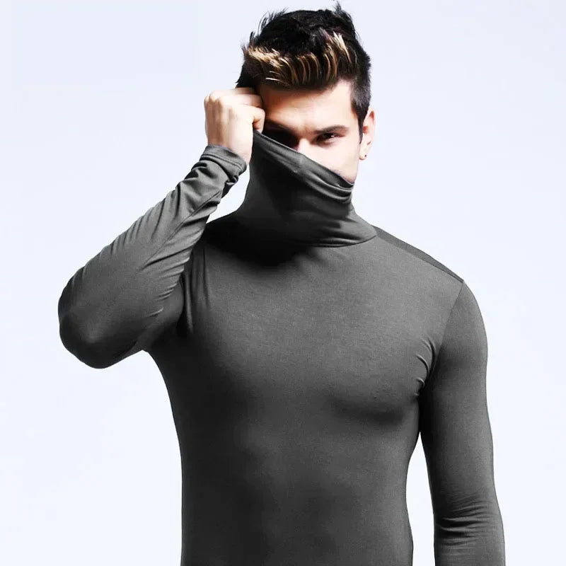 2025 Autumn New Men Mid To High Collar Warm Clothes Solid Color Outdoor Leisure  Male Running Slimming Long Sleeve Bottom Shirt