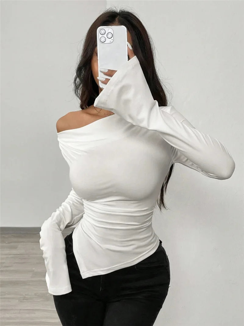 Women's V-Neck Ruched Long Sleeve T-Shirt Autumn Slim Fit Irregular Hem Top Flare Sleeve Fashion Solid Color Crop Top