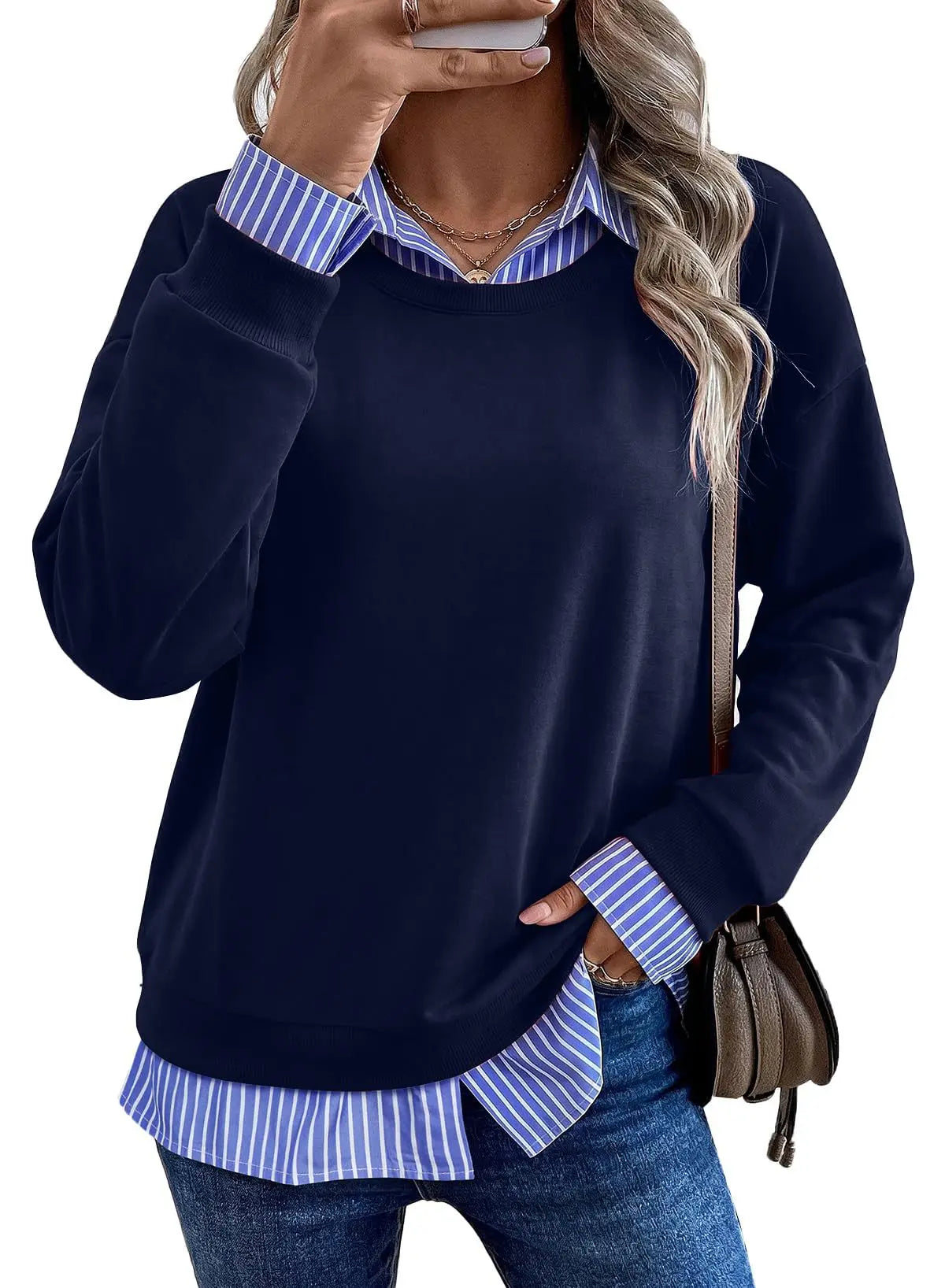 Women's Casual Fake Two Piece Sweatshirt Contrast Collar Striped Patchwork Long Sleeve Crewneck Pullover Top Spring, Autumn, Winter