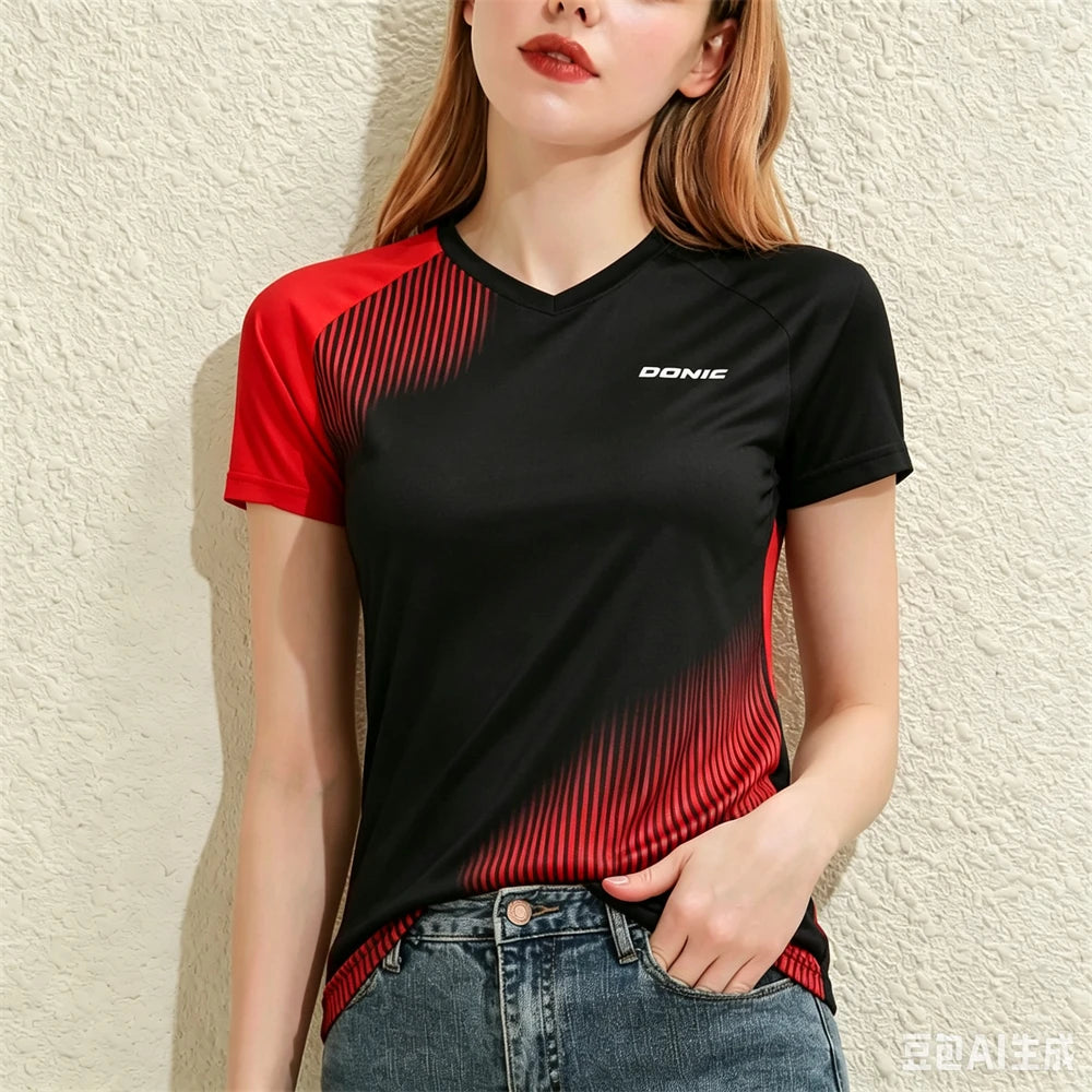 Summer Casual Women's T-shirts Table Tennis Sports Short Sleeve Tees Fashion V-neck Loose  Tops Running Training Female Clothing