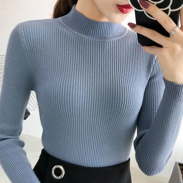 Early Spring, Autumn Winter Mock Neck Women Sweater Vintage Basic Solid Knitted Tops Casual Slim Pullover Korean Sweaters Simple Chic Jumpers