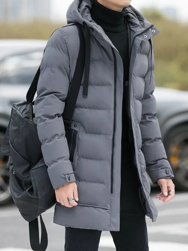 Men's Medium to Long Hooded Jacket Warm Cotton Coat Stand Fit all Season Collection