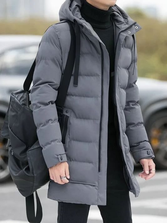 Men's Medium to Long Hooded Jacket Warm Cotton Coat Stand Fit all Season Collection
