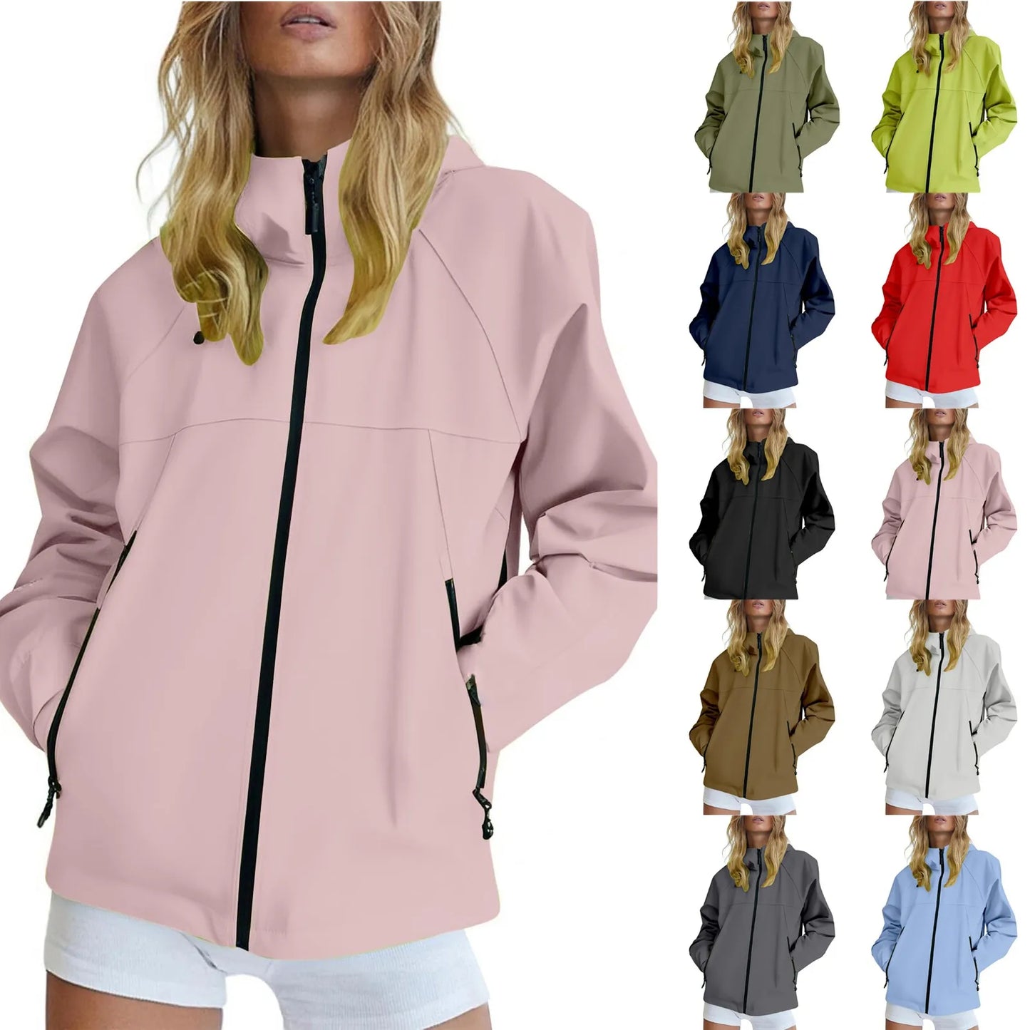Women Casual Zipper Hooded Jacket Solid Color Breathable Windproof Waterproof Thin Jacket Outdoor Camping Mountaineering Clothin