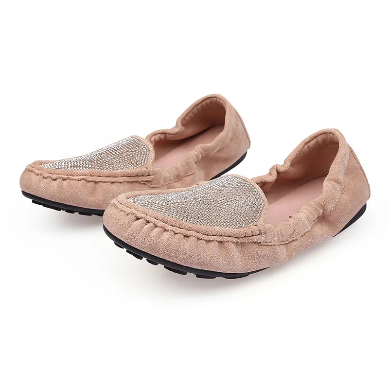 Sequines Cloth Women foldable flats crystal rivets mocasines female elastic band slip on loafers 41-43 big size work shoes