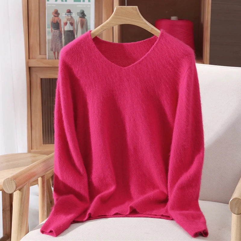 Fall/Winter Fashion Mink Cashmere Women's V-neck Pullover Bottom Shirt Slim Knitted Sweater Short Plus Size