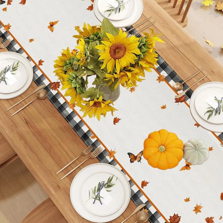 Linen Black and White Buffalo Check Plaid Fall Table Runner 72 Ihes Long Fall Leaves Pumpkin Butterfly Home Kitchen Table Decor